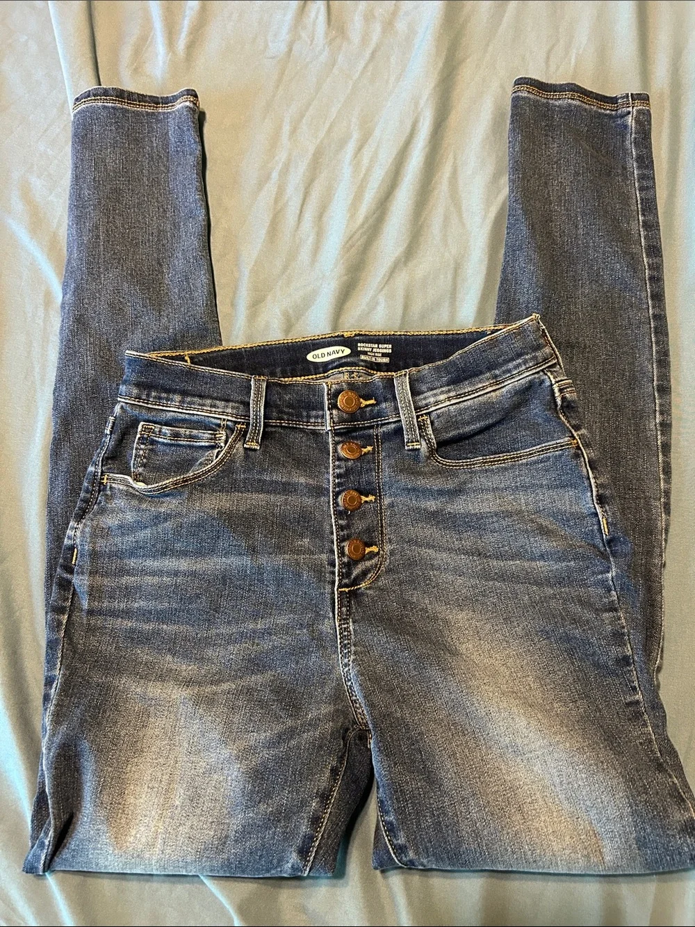 Old Navy girls Button-Fly rockstar Distressed Skinny Jeans - Blue Wash 14